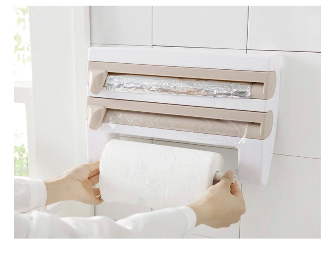 3 In 1 Multifunctional Kitchen Roll Holder, Cling Film Wall Mounted Paper Holder Shelf, Triple Food Wrap Dispenser, Kitchen Roll Holder With Spice Rack and Slide Cutter, Multifunctional Cling Film Cutter 3 In 1 Multifunctional Kitchen Roll Holder, Cling Film Wall Mounted Paper Holder Shelf, Triple Food Wrap Dispenser, Kitchen Roll Holder With Spice Rack and Slide Cutter, Multifunctional Cling Film Cutter